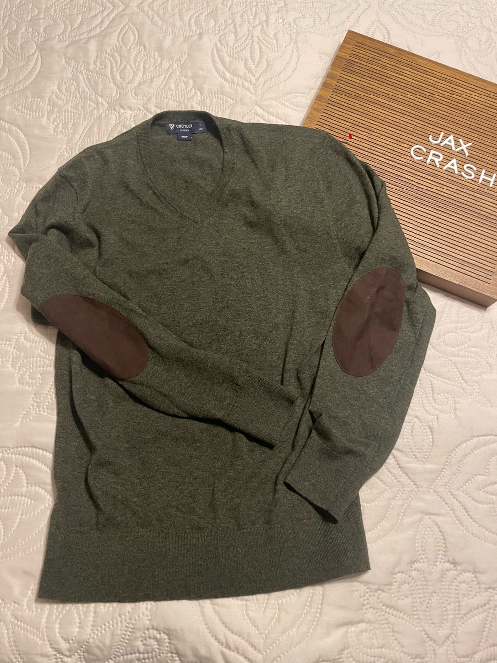 Daniel Cremieux Olive Green V-Neck Sweater with Brown Elbow Patches